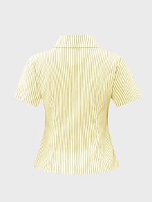 SHEIN ChicEase 法式修身黄白条纹短袖优雅女式办公室衬衫 - 黃色 - 查看 12