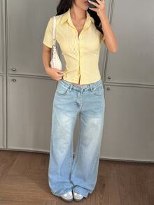 SHEIN ChicEase 法式修身黄白条纹短袖优雅女式办公室衬衫 - 黃色 - 查看 7