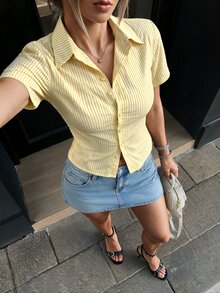SHEIN ChicEase 法式修身黄白条纹短袖优雅女式办公室衬衫 - 黃色 - 查看 4