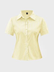 SHEIN ChicEase 法式修身黄白条纹短袖优雅女式办公室衬衫 - 黃色 - 查看 11