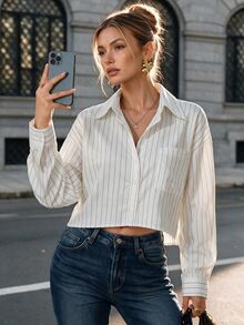 SHEIN 休闲百搭时尚长袖单排扣领扣女式衬衫，随机花卉图案 - 白色 - 查看 3