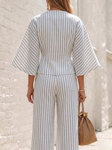 SHEIN 女款都市條紋兩件套，復古優雅無領西裝外套套裝，寬腿褲，休閒通勤辦公旅行約會，白色夏季 - 黑與白 - 查看 2