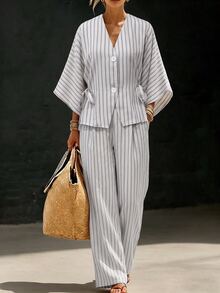 SHEIN 女款都市條紋兩件套，復古優雅無領西裝外套套裝，寬腿褲，休閒通勤辦公旅行約會，白色夏季 - 黑與白 - 查看 4