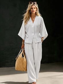 SHEIN 女款都市條紋兩件套，復古優雅無領西裝外套套裝，寬腿褲，休閒通勤辦公旅行約會，白色夏季 - 黑與白 - 查看 3