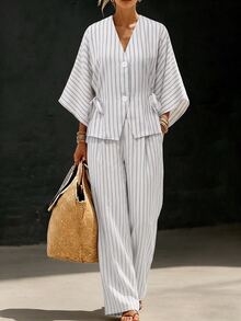 SHEIN 女款都市條紋兩件套，復古優雅無領西裝外套套裝，寬腿褲，休閒通勤辦公旅行約會，白色夏季 - 黑與白 - 查看 7