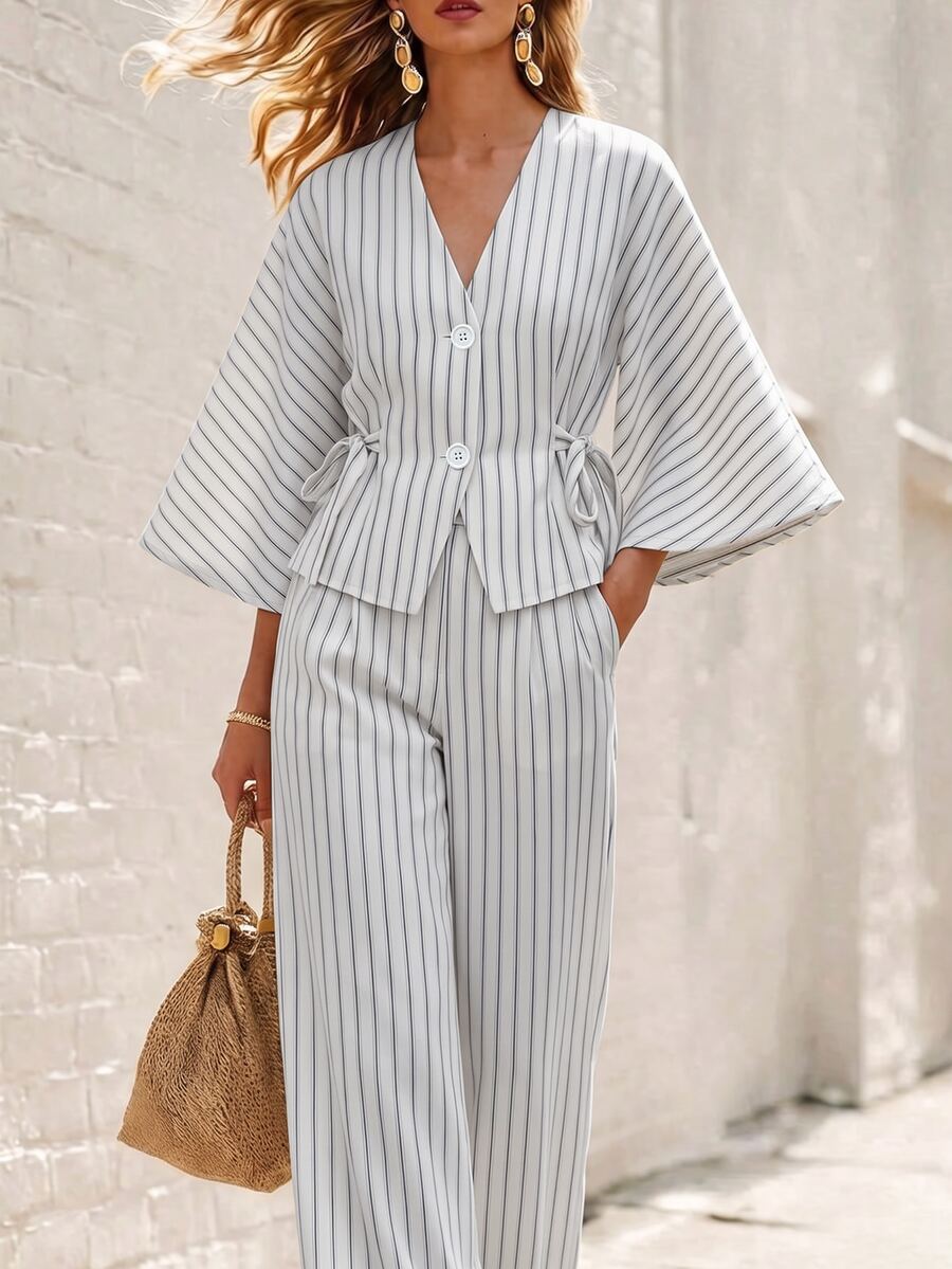 SHEIN 女款都市條紋兩件套,復古優雅無領西裝外套套裝,寬腿褲,休閒通勤辦公旅行約會,白色夏季 - 黑與白 - 查看 1