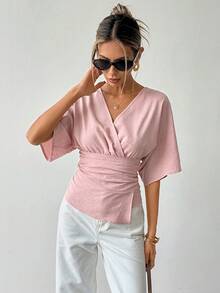 Ritzy Row New Elegant Commuter V-Neck Pleated Asymmetric Hem Batwing Sleeve Blouse, Casual Versatile Shirt For Women, Spring/Summer Day Time Dusty Pink - Pink - View 5