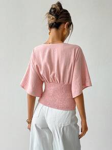 Ritzy Row New Elegant Commuter V-Neck Pleated Asymmetric Hem Batwing Sleeve Blouse, Casual Versatile Shirt For Women, Spring/Summer Day Time Dusty Pink - Pink - View 4