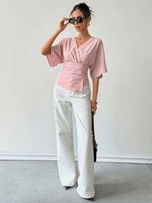 Ritzy Row New Elegant Commuter V-Neck Pleated Asymmetric Hem Batwing Sleeve Blouse, Casual Versatile Shirt For Women, Spring/Summer Day Time Dusty Pink - Pink - View 6