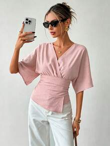 Ritzy Row New Elegant Commuter V-Neck Pleated Asymmetric Hem Batwing Sleeve Blouse, Casual Versatile Shirt For Women, Spring/Summer Day Time Dusty Pink - Pink - View 7