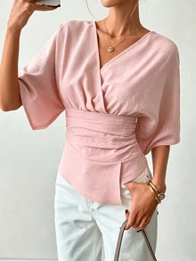 Ritzy Row New Elegant Commuter V-Neck Pleated Asymmetric Hem Batwing Sleeve Blouse, Casual Versatile Shirt For Women, Spring/Summer Day Time Dusty Pink - Pink - View 3