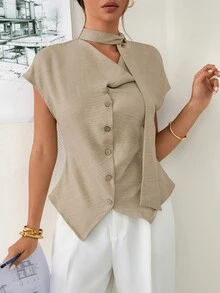 Ritzy Row Elegant Women's Khaki Short-Sleeved Blouse,Summer Office Business Casual Two-Tone Textured Collar Ribbon Detail Stylish Versatile Professional Wear - Apricot - View 9