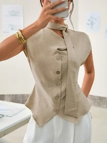 Ritzy Row Elegant Women's Khaki Short-Sleeved Blouse,Summer Office Business Casual Two-Tone Textured Collar Ribbon Detail Stylish Versatile Professional Wear - Apricot - View 7