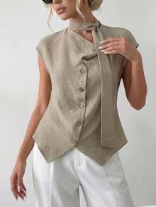 Ritzy Row Elegant Women's Khaki Short-Sleeved Blouse,Summer Office Business Casual Two-Tone Textured Collar Ribbon Detail Stylish Versatile Professional Wear - Apricot - View 3