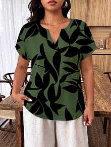 Weeklong Plus Size Contrast-Colored Leaf Pattern Short-Sleeved Shirt - Multicolor - View 3