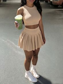 BamGleam 2pcs/Set Women Solid Color Cropped Tank Top And Pleated Mini Skirt - Apricot - View 3