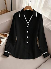 Grovea Plus Size Women's Elegant Business Casual Casual Commute Office Formal Colorblock V-Neck Shirt, Suitable For Commuting, Outings, Home Wear Black Fall - Black - View 3