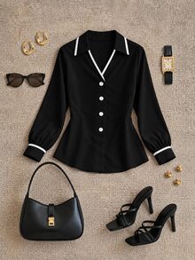 Grovea Plus Size Women's Elegant Business Casual Casual Commute Office Formal Colorblock V-Neck Shirt, Suitable For Commuting, Outings, Home Wear Black Fall - Black - View 1