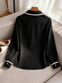 Grovea Plus Size Women's Elegant Business Casual Casual Commute Office Formal Colorblock V-Neck Shirt, Suitable For Commuting, Outings, Home Wear Black Fall - Black - View 2