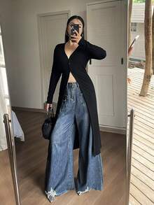 Vionelle Jaket Kardigan Rajut Bergaris Elastis Ukuran Besar, Cocok untuk Perjalanan Sehari-hari, Santai, dan Berpakaian Santai di Luar Ruangan untuk Klub, Warna Hitam Musim Gugur - Hitam - View 5