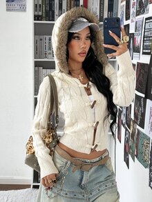 StreetHx Women's Versatile Classic Cable Knit Daily Commute Outfit Horn Button Vintage Style Autumn/Winter Hooded Cardigan Sweater - White - View 6