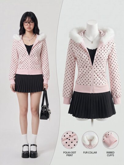 Elamini Women's Autumn/Winter Pink Polka Dot Print Faux Fur Collar Patchwork Zip-Up Hooded Sweatshirt, Vintage Sweet Cute Casual Preppy Commuter Everyday Versatile