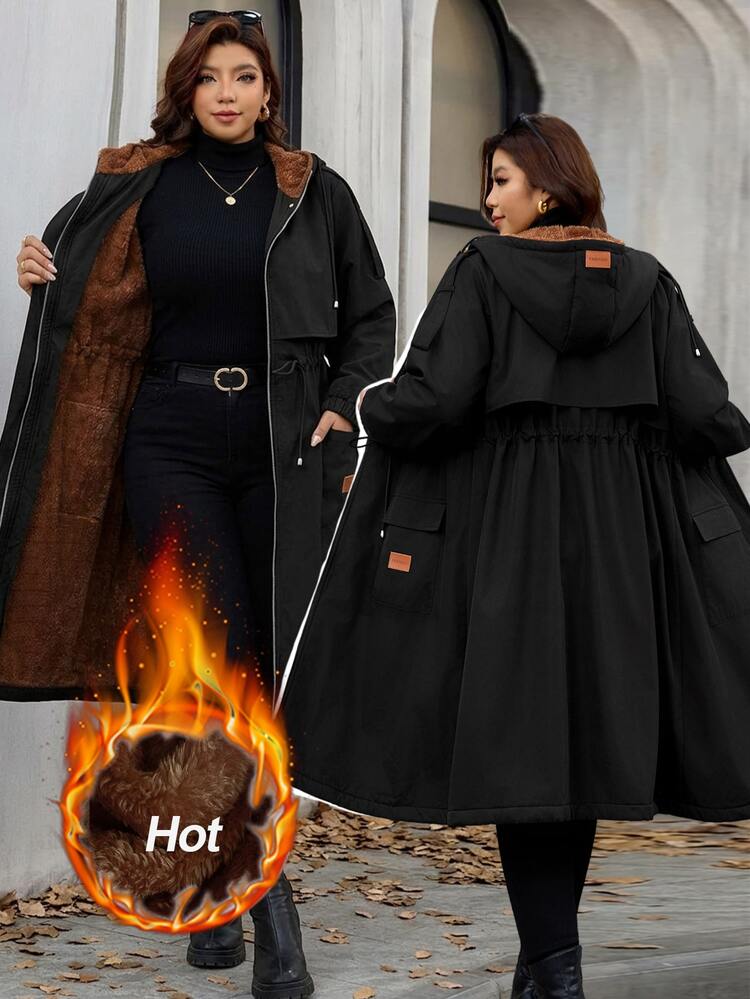 SHEIN Clasi Plus Teddy Lined Cinched Waist Hooded Parka Coat Office Holiday Teacher Family Vacation Black Autumn Casual Baggy Winter - Hitam - View 2
