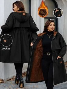 SHEIN Clasi 加厚泰迪毛內裡收腰連帽派克大衣，黑色，適合辦公、假期、教師、家庭旅行，秋季休閒寬鬆冬季款 - 黑色 - 查看 13
