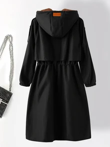 SHEIN Clasi 加厚泰迪毛內裡收腰連帽派克大衣，黑色，適合辦公、假期、教師、家庭旅行，秋季休閒寬鬆冬季款 - 黑色 - 查看 12