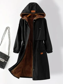 SHEIN Clasi 加厚泰迪毛內裡收腰連帽派克大衣，黑色，適合辦公、假期、教師、家庭旅行，秋季休閒寬鬆冬季款 - 黑色 - 查看 11