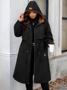 SHEIN Clasi 加厚泰迪毛內裡收腰連帽派克大衣，黑色，適合辦公、假期、教師、家庭旅行，秋季休閒寬鬆冬季款 - 黑色 - 查看 10