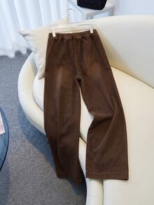 Teen Girls Y2K Brown Vintage Denim Straight Leg Jeans, High Waist Loose Wide Leg Jeans With Positioned Spray White - Brown - View 2