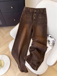 Teen Girls Y2K Brown Vintage Denim Straight Leg Jeans, High Waist Loose Wide Leg Jeans With Positioned Spray White - Brown - View 7