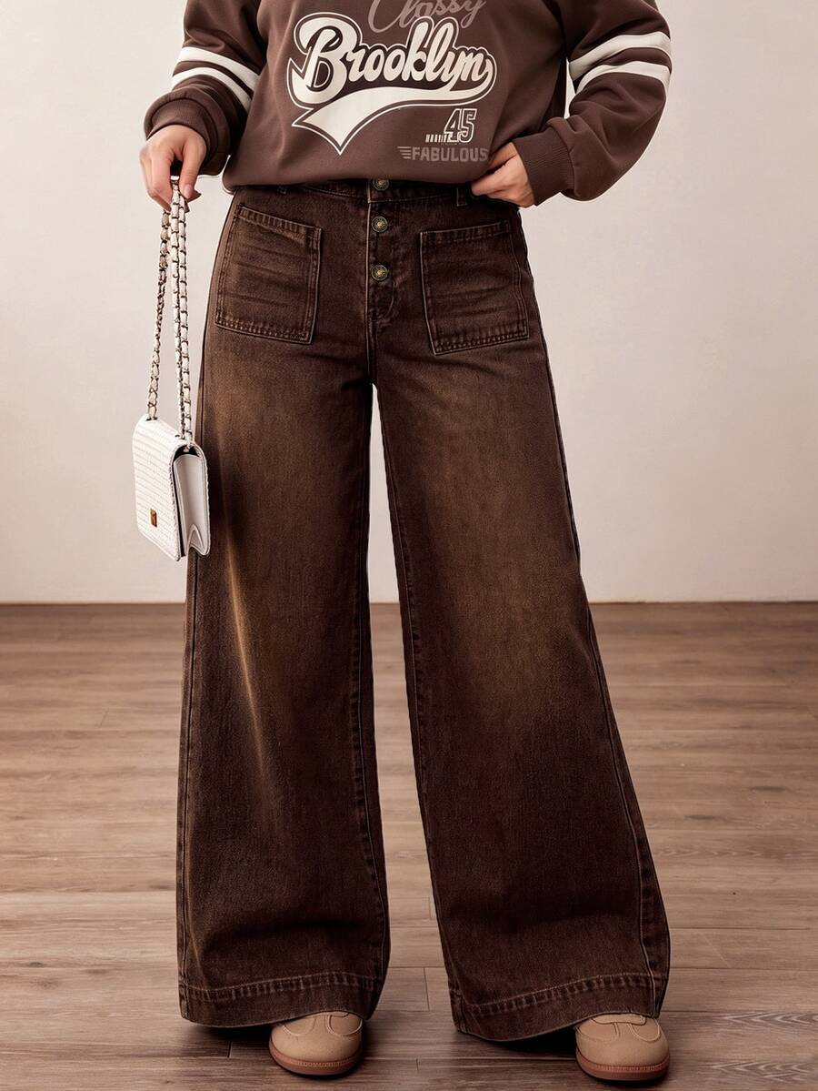 Teen Girls Y2K Brown Vintage Denim Straight Leg Jeans, High Waist Loose Wide Leg Jeans With Positioned Spray White - Brown - View 1