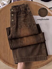 Teen Girls Y2K Brown Vintage Denim Straight Leg Jeans, High Waist Loose Wide Leg Jeans With Positioned Spray White - Brown - View 9