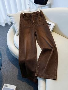 Teen Girls Y2K Brown Vintage Denim Straight Leg Jeans, High Waist Loose Wide Leg Jeans With Positioned Spray White - Brown - View 3