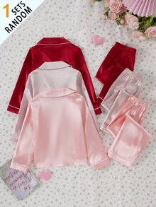 SHEIN 女童睡衣套裝，純色緞面極簡口袋愛心印花長袖開襟衫配長褲，休閒居家服，3套隨機發貨，1套驚喜盲盒 - 粉色 - 查看 2