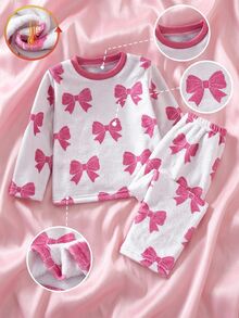 SHEIN 秋冬女童幼兒雙面法蘭絨長袖上衣與長褲兩件套睡衣家居服，毛絨羅紋圓領、蝴蝶結數位印花圖案、對比色桃紅色羅紋設計，舒適柔軟面料，秋季必備 - 彩色 - 查看 6