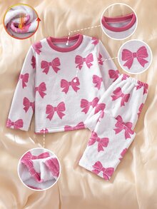 SHEIN 秋冬女童幼兒雙面法蘭絨長袖上衣與長褲兩件套睡衣家居服，毛絨羅紋圓領、蝴蝶結數位印花圖案、對比色桃紅色羅紋設計，舒適柔軟面料，秋季必備 - 彩色 - 查看 9