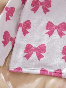 SHEIN 秋冬女童幼兒雙面法蘭絨長袖上衣與長褲兩件套睡衣家居服，毛絨羅紋圓領、蝴蝶結數位印花圖案、對比色桃紅色羅紋設計，舒適柔軟面料，秋季必備 - 彩色 - 查看 7