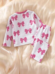 SHEIN 秋冬女童幼兒雙面法蘭絨長袖上衣與長褲兩件套睡衣家居服，毛絨羅紋圓領、蝴蝶結數位印花圖案、對比色桃紅色羅紋設計，舒適柔軟面料，秋季必備 - 彩色 - 查看 2