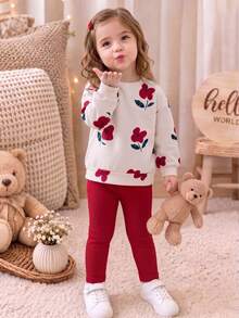 SHEIN Vintaside Kids 2件組女嬰休閒套裝，長袖花卉印花衛衣搭配純色羅紋長褲，日常穿著，適合春秋季 - 紅色 - 查看 2