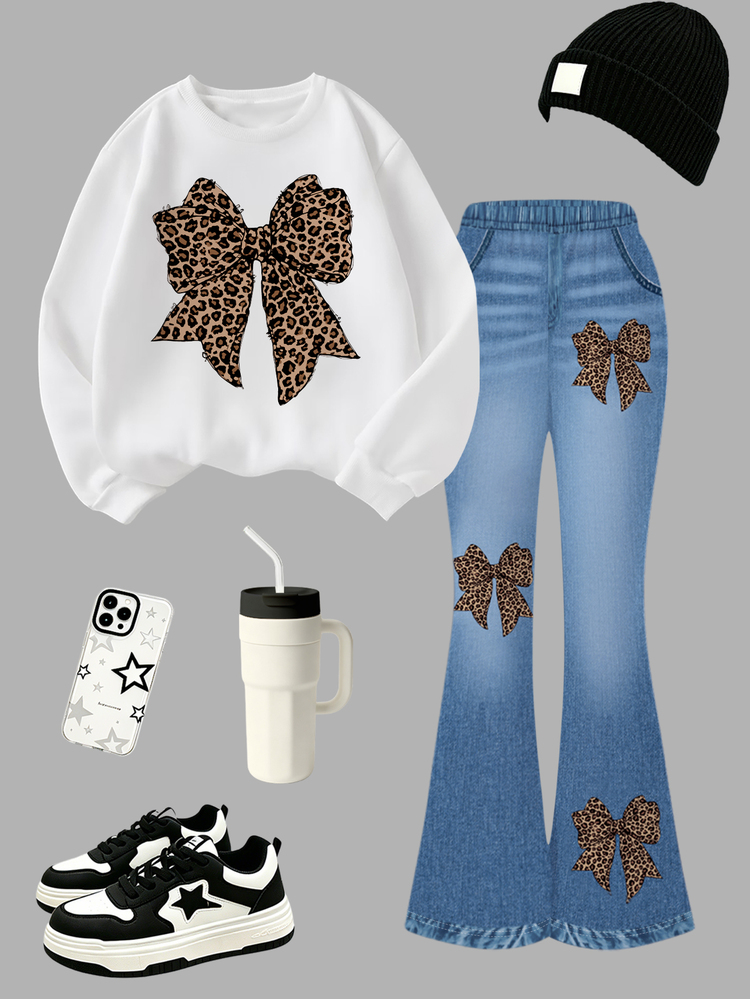 SHEIN Young Girls Blind Box Sweet Cool Retro Leopard Print Big Bow Star Print Sweatshirt & Leopard Denim Look Flared Pants 2-Piece Set - Multicolor - View 4