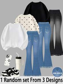 SHEIN Young Girls Blind Box Sweet Cool Retro Leopard Print Big Bow Star Print Sweatshirt & Leopard Denim Look Flared Pants 2-Piece Set - Multicolor - View 2