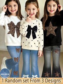 SHEIN Young Girls Blind Box Sweet Cool Retro Leopard Print Big Bow Star Print Sweatshirt & Leopard Denim Look Flared Pants 2-Piece Set - Multicolor - View 3
