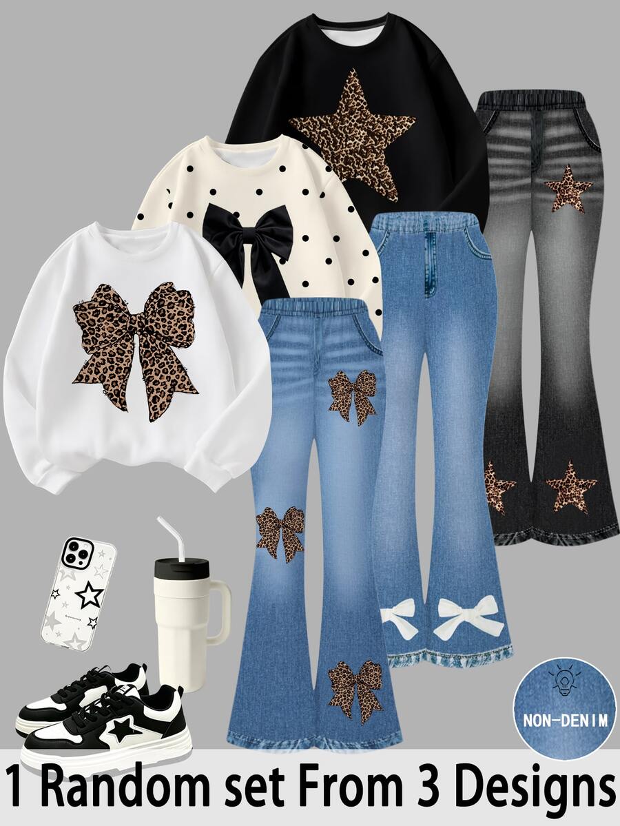 SHEIN Young Girls Blind Box Sweet Cool Retro Leopard Print Big Bow Star Print Sweatshirt & Leopard Denim Look Flared Pants 2-Piece Set - Multicolor - View 1