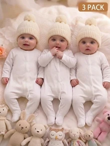 SHEIN 3pcs Newborn Baby Boy Girl Romper Daily Casual White Solid Color Long Sleeve Footed Jumpsuit Multi Pack Soft Cotton Autumn Winter Clothes - Multicolor - View 7