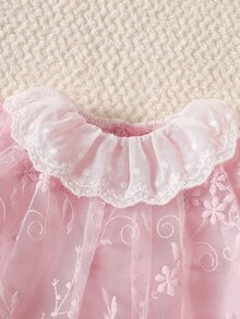 SHEIN 2件組女嬰蕾絲洋裝，甜美優雅粉色花卉刺繡網紗荷葉邊長袖波浪領派對禮服，春季婚禮賓客度假帽 - 淡紫色 - 查看 6