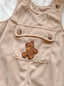 SHEIN Vintaside Kids 2pcs Toddler Boy Turtleneck Top + Overalls Cute White Apricot Bear Patch Corduroy Long Sleeve High Neck Regular Party Fall Winter Fall Holiday Ribbed - Khaki - View 8