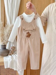 SHEIN Vintaside Kids 2pcs Toddler Boy Turtleneck Top + Overalls Cute White Apricot Bear Patch Corduroy Long Sleeve High Neck Regular Party Fall Winter Fall Holiday Ribbed - Khaki - View 3
